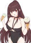  1girl bare_shoulders black_swimsuit blush bow_swimsuit breasts cleavage collarbone covered_navel eyebrows_visible_through_hair food girls_frontline highres ice_cream large_breasts long_hair looking_at_viewer open_mouth purple_hair red_eyes risshu solo sweatdrop swimsuit wa2000_(girls_frontline) white_background 
