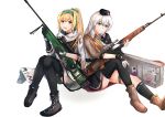  2girls absurdres assault_rifle black_footwear black_gloves black_headwear black_legwear black_skirt blonde_hair boots brown_footwear brown_jacket character_name dragunov_svd eyebrows_visible_through_hair fingerless_gloves girls_frontline gloves green_ribbon grey_eyes grey_hair gun hair_ribbon hairband hand_on_weapon hat highres holding holding_weapon huge_filesize jacket long_hair looking_at_viewer military military_hat military_uniform multiple_girls muteppona_hito open_mouth red_eyes ribbon rifle russian_flag shirt silver_hair sitting sitting_on_floor skirt smile sniper_rifle sv-98 sv-98_(girls_frontline) svd_(girls_frontline) tape thighhighs uniform weapon weapon_case white_background white_jacket white_shirt 