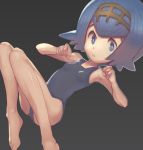  1girl bangs bare_arms bare_legs barefoot blue_eyes blue_hair breasts commentary conoghi gold_hairband grey_background hairband hands_up knees_together looking_at_viewer no_sclera one-piece_swimsuit parted_lips pokemon pokemon_(game) pokemon_sm shiny shiny_skin short_hair solo suiren_(pokemon) swimsuit teeth toes 