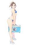  1girl bikini blue_bikini carina_(xiaowoo) eyeshadow hair_intakes highres kishi_mieko legs_together light_smile lipstick makeup onna_shunin_kishi_mieko pink_lipstick shoes single_hair_intake swimsuit wavy_hair 