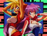  1990s_(style) 2girls arms_behind_head blonde_hair blue_eyes breasts cleavage dark_skin dirty_pair dirty_pair_flash green_eyes kei_(dirty_pair_flash) large_breasts long_hair looking_down looking_to_the_side medium_breasts multicolored_hair multiple_girls one_eye_closed open_mouth potiri02 purple_hair red_hair short_hair yuri_(dirty_pair_flash) 