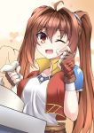  1girl ;d breasts brown_hair eiyuu_densetsu estelle_bright fingerless_gloves gloves holding long_hair looking_at_viewer nijihasisiduki one_eye_closed open_mouth red_eyes smile sora_no_kiseki twintails upper_body very_long_hair 