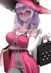  1girl absurdres bag bangs bare_shoulders blush breasts carmilla_(fate/grand_order) carmilla_(swimsuit_rider)_(fate) cleavage collarbone covered_navel curly_hair dress fate/grand_order fate_(series) hat highres large_breasts long_hair looking_at_viewer open_mouth pink_dress pink_headwear sang4521 shopping_bag simple_background sun_hat sunglasses white_background white_hair yellow_eyes 