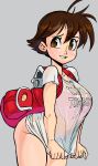  1girl backpack bag bent_over bra breasts brown_eyes brown_hair english_commentary english_text highres large_breasts looking_to_the_side no_pants pink_bra see-through shirt short_hair solo teevo tomboy umihara_kawase umihara_kawase_(character) underwear white_shirt 