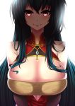  1girl absurdres azur_lane bangs bare_shoulders black_hair breast_squeeze breasts bridal_gauntlets china_dress chinese_clothes cleavage_cutout creepy_eyes crossed_bangs cutout_above_navel dress empty_eyes evil_smile h.carrrrrrot highres huge_breasts long_hair looking_at_viewer red_eyes red_lips simple_background smile solo taihou_(azur_lane) taihou_(phoenix&#039;s_spring_song)_(azur_lane) very_long_hair white_background yandere 
