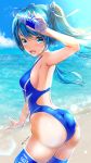  1girl aqua_eyes aqua_hair armpits ass bottle breasts commentary competition_swimsuit garter-velvet hatsune_miku highres looking_at_viewer ocean one-piece_swimsuit pocari_sweat small_breasts smile swimsuit v vocaloid water_bottle 
