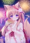  1girl aerial_fireworks animal_ear_fluff animal_ears bangs blush breasts brown_hair closed_mouth commentary_request eyebrows_visible_through_hair fan fireworks floral_print fox_ears fox_girl fox_tail hair_between_eyes hair_ribbon highres holding holding_fan japanese_clothes kimono long_hair medium_breasts mito_mashiro night night_sky obi outdoors paper_fan pink_kimono print_kimono purple_eyes purple_ribbon ribbon ryuuka_sane sash sky smile solo standing tail tail_raised tayutama two-handed uchiwa very_long_hair 