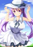  1girl arms_up bangs bare_arms bare_shoulders black_bow black_ribbon blush bow breasts closed_mouth collarbone collared_dress day dress eyebrows_visible_through_hair gochuumon_wa_usagi_desu_ka? hair_between_eyes hat hat_bow highres large_breasts long_hair neck_ribbon outdoors pleated_dress purple_eyes purple_hair ribbon sleeveless sleeveless_dress smile solo tedeza_rize twintails very_long_hair white_dress white_headwear zenon_(for_achieve) 