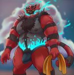  2020 4_fingers anthro black_body black_fur black_hair black_nipples body_hair bulge chest_hair claws clothed clothing fingers fire fur green_eyes grey_body grey_fur grin hair hi_res humanoid_hands incineroar looking_at_viewer male muscular muscular_anthro muscular_male nintendo nipples pok&eacute;mon pok&eacute;mon_(species) pubes red_body red_fur red_nose smile solo standing steen striped_body striped_fur stripes topless underwear video_games white_claws yellow_sclera 