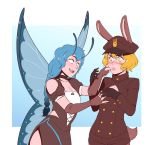  2girls animal_ears antennae bare_shoulders black_dress black_gloves blue_hair blush braid breasts brit_(d-rex) brown_gloves brown_headwear brown_shorts bunny_ears bunny_tail butterfly_wings choker cleavage collarbone commentary d-rex double-breasted dress elbow_gloves finger_in_another&#039;s_mouth fingerless_gloves gloves green_eyes hat highres insect_girl large_breasts lips long_hair long_sleeves looking_at_another multiple_girls original short_hair shorts shoulder_cutout side_slit small_breasts tail teeth transparent_background upper_body white_eyes wings 