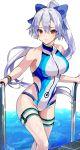  1girl alracoco blush bow commentary fate/grand_order fate_(series) hair_bow handrail highres one-piece_swimsuit ponytail red_eyes signature smile swimsuit thigh_strap tomoe_gozen_(fate/grand_order) tomoe_gozen_(swimsuit_saber)_(fate) water water_drop wet wet_clothes wet_swimsuit white_hair wristband 