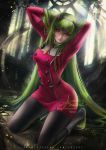  1girl absurdly_long_hair alexandra_mae arms_behind_back bangs banned_artist black_legwear boots breasts c.c. closed_mouth code_geass cosplay darling_in_the_franxx dress full_body green_hair grey_footwear grey_hairband hair_between_eyes hairband highres horns indoors kneeling large_breasts long_hair long_sleeves looking_at_viewer pantyhose red_dress shiny shiny_hair short_dress smile solo very_long_hair yellow_eyes zero_two_(darling_in_the_franxx) zero_two_(darling_in_the_franxx)_(cosplay) 