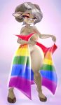  anthro big_breasts bovid breasts caprine clothing female flag goat haokan hi_res holding_object horn lgbt_history_month lgbt_pride looking_at_viewer mammal mostly_nude navel nipples pride_color_clothing pride_colors red_eyes simple_background smiling_at_viewer solo thick_thighs wide_hips ych_(character) 
