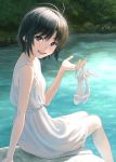  1girl :d antenna_hair black_hair blue_eyes blush commentary_request day dress from_side high_heels highres holding holding_clothes holding_footwear idolmaster idolmaster_(classic) kikuchi_makoto lake looking_at_viewer looking_to_the_side nekopuchi open_mouth outdoors shoes_removed short_hair sidelocks sleeveless sleeveless_dress smile soaking_feet solo sundress water white_dress white_footwear 