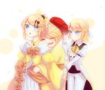  3girls :o aku_no_musume_(vocaloid) aryuma772 blonde_hair blue_eyes blush bow cabbie_hat chaban_capriccio_(vocaloid) choker closed_eyes cummerbund dress dress_bow dress_flower earrings enbizaka_no_shitateya_(vocaloid) evillious_nendaiki frilled_dress frills hair_bow hair_ornament hairclip hat heartbeat_clocktower_(vocaloid) highres hug hug_from_behind jacket japanese_clothes jewelry juliet_sleeves kagamine_rin kimono lilith_baldured long_sleeves miroku_rin multiple_girls multiple_persona princess puffy_sleeves red_headwear reincarnation riliane_lucifen_d&#039;autriche short_hair smile surprised vocaloid waitress white_jacket wide_sleeves yellow_dress yellow_kimono 