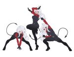  &gt;_&lt; 3girls animal_ears belt belt_buckle breasts buckle cerberus_(helltaker) commentary_request demon_girl demon_tail dog_ears dog_girl formal full_body gintm gloves helltaker highres large_breasts long_hair long_sleeves multiple_girls open_mouth pants pose red_eyes shoes simple_background standing suit tail teeth tongue white_background white_hair 