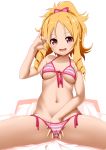  1girl :d absurdres akazawa_red bikini blonde_hair blush bottle bow breasts brown_eyes cleavage collarbone cowboy_shot drill_hair eromanga_sensei front-tie_bikini front-tie_top hair_bow hand_under_clothes hand_under_swimsuit highres long_hair looking_at_viewer lube medium_breasts navel non-web_source open_mouth photoshop_(medium) pink_bikini pink_bow pinky_out pointy_ears ponytail pouring rating red_bow ringlets side-tie_bikini sitting smile solo spread_legs striped striped_bikini swimsuit swimsuit_pull yamada_elf 