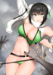 1girl bangs bare_shoulders bikini bikini_pull black_hair blush breasts bun_cover chainsaw chainsaw_of_the_dead cleavage double_bun fate/grand_order fate_(series) green_bikini green_eyes green_ribbon highres jacket kitajima_yuuki large_breasts long_sleeves looking_at_viewer navel off_shoulder open_clothes open_jacket open_mouth qin_liangyu_(fate) ribbon scarf sidelocks solo_focus swimsuit tearing_up thighs white_jacket white_scarf 