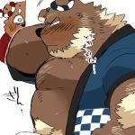  1:1 2020 anthro barely_visible_genitalia barely_visible_penis beard belly blush brown_body brown_fur censored facial_hair fur genitals hyaku_(artist) japanese_text kemono male mammal overweight overweight_male penis simple_background solo_focus text ursid 