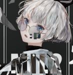  1boy absurdres bishounen black_background blue_eyes emoticon fang glass_shards glasses highres looking_at_viewer looking_back mile_(mil2) open_mouth original round_eyewear silver-framed_eyewear silver_hair solo upper_body white_hoodie 