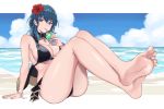  1girl barefoot beach bikini black_bikini blue_eyes blue_hair blue_sky breasts byleth_(fire_emblem) byleth_(fire_emblem)_(female) cleavage cloud cup day drinking drinking_straw feet fire_emblem fire_emblem:_three_houses fire_emblem_heroes flower glass hair_flower hair_ornament highres holding holding_cup hoshido1214 outdoors sitting sky solo swimsuit water 