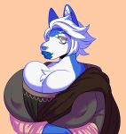  anthro big_breasts blue_lips blue_nose breasts canid canine canis classical classical_art classical_elements darbo digital_drawing_(artwork) digital_media_(artwork) domestic_dog female hair hi_res huge_breasts husky hyper hyper_breasts leonardo_da_vinci_(artist) lips looking_at_viewer mammal nipple_outline nordic_sled_dog parody renaissance satanickpaws silver_eyes simple_background solo spitz waist_up white_hair 
