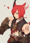 1boy animal_ears arm_tattoo armor belt blue_eyes blush bow_(weapon) closed_fan crow0cc crystal_exarch ear_wiggle eating eyebrows_visible_through_hair eyes_visible_through_hair fan final_fantasy final_fantasy_xiv flying_sweatdrops folding_fan food food_on_face g&#039;raha_tia grey_background heart heterochromia highres holding holding_food male_focus miqo&#039;te neck_tattoo ponytail red_eyes red_hair sandwich simple_background smile solo sweatdrop tattoo vambraces weapon weapon_on_back 