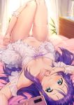  1girl absurdres aqua_eyes babydoll bare_legs barefoot bed_sheet blush breasts cellphone choker commentary_request cupboard curtains dress frills hair_between_eyes highres huge_filesize idolmaster idolmaster_million_live! knees_up leg_up long_hair looking_at_viewer looking_up lying mochizuki_anna navel on_back on_bed panties phone purple_hair shennai_misha small_breasts smartphone smile solo thigh_strap underwear white_choker white_dress white_panties window wrist_cuffs 