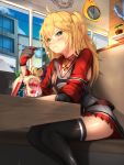  1girl =3 admiral_hipper_(azur_lane) admiral_hipper_(cruiser) ahoge anchor arm_rest armband armpit_cutout azur_lane bangs black_legwear blonde_hair blue_sky blush breasts cafe choker cityscape clock closed_mouth cloud collarbone commentary couch cowboy_shot day dessert dress elbow_sleeve eyebrows_visible_through_hair food food_on_face fruit gloves green_eyes grey_dress grey_gloves hair_between_eyes highres holding holding_spoon ice_cream indoors iron_blood_(emblem) iron_cross long_hair looking_at_viewer manjuu_(azur_lane) model_kit model_ship mole no_headwear parfait plant potted_plant red_gloves red_sleeves shadow sidelocks sitting sky solo sonaworld spoon strawberry table thighhighs two-tone_gloves two_side_up wafer wafer_stick wall wall_clock whipped_cream window zettai_ryouiki 