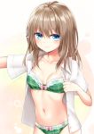  1girl absurdres blue_eyes bra breasts brown_hair collarbone cowboy_shot green_bra green_panties highres long_hair looking_at_viewer medium_breasts navel no_pants omoomomo open_clothes open_shirt original panties shirt short_sleeves smile solo stomach underwear white_shirt 