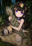  1girl absurdres arknights barefoot black_hair blue_eyes eunectes_(arknights) flareza flower forest goggles goggles_on_head hair_flower hair_ornament highres nature plant pointy_ears sitting smile snake_tail solo stuffed_animal stuffed_snake stuffed_toy tail thigh_strap thighs torn_clothes torn_legwear tsuchinoko wariza wooden_floor younger 