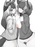  2girls absurdres animal_ears ass asymmetrical_docking bangs black_wildebeest_(kemono_friends) blue_wildebeest_(kemono_friends) blush bottomless breast_press breasts cowboy_shot extra_ears eyebrows_visible_through_hair greyscale groin hand_on_own_chest hands_up high_ponytail highres holding_hands horns interlocked_fingers jacket kemono_friends large_breasts long_hair long_sleeves looking_at_viewer monochrome multiple_girls nipples no_bra nose_blush open_clothes open_mouth parted_lips pubic_hair shibori_kasu sidelocks smile spot_color tail twisted_torso 