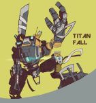  butsuzo_ex copyright_name glowing holding holding_sword holding_weapon looking_up mecha no_humans open_hand over_shoulder ronin_(titanfall_2) solo squatting sword titanfall titanfall_2 weapon 