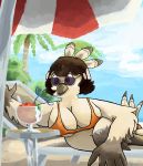  absurd_res anthro avian beach beach_chair beach_umbrella big_breasts bikini bird breasts brown_eyes clothing eyewear feathers female gallardo galliform hi_res pavita_pechugona peak phasianid seaside slushie solo straw sunglasses swimwear turkey 