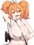  1girl :3 absurdres ahoge areola_slip areolae arm_behind_head armpits between_breasts bikini binoculars blush breasts bursting_breasts cerberus_(last_origin) fang halusal-i hand_on_hip highres huge_breasts last_origin medium_hair mole mole_under_eye navel orange_hair red_eyes side-tie_bikini simple_background smile solo strap_between_breasts swimsuit twintails white_background white_bikini zipper zipper_pull_tab 