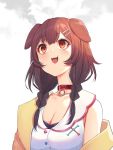  1girl :3 animal_ears bangs bare_shoulders blush bone_hair_ornament braid breasts brown_eyes brown_hair cleavage collar collarbone commentary_request dog_collar dog_ears dog_girl ears_down eyebrows_visible_through_hair fang hair_ornament hair_over_shoulder hairclip highres hololive inugami_korone jacket long_hair looking_up low_twintails medium_breasts mikan_(chipstar182) off-shoulder_jacket off_shoulder open_clothes open_jacket open_mouth red_collar smile solo steaming_body twin_braids twintails upper_body virtual_youtuber yellow_jacket 