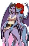  2girls absurdres angela_(gargoyles) bare_legs belt black_belt blue_skin blush breasts brown_hair cleavage collarbone cowboy_shot d-rex demona_(gargoyles) earrings gargoyle gargoyles groin highres horns incest jewelry lips long_hair medium_breasts medium_hair monster_girl mother_and_daughter multiple_girls no_bra nude open_mouth parted_lips pointy_ears pussy pussy_juice red_hair shirt simple_background sleeveless sleeveless_shirt teeth uncensored white_background white_shirt wings yuri 