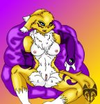  2012 anthro armwear black_sclera blue_eyes breasts bridal_gauntlets canid canine clothing digimon digimon_(species) digital_drawing_(artwork) digital_media_(artwork) female fox fur genitals gradient_background looking_at_viewer mammal multicolored_body multicolored_fur multicolored_tail nude one_eye_closed otaconxix pillow pussy renamon renamon_appreciation_day simple_background smile smiling_at_viewer solo spread_legs spreading white_body white_fur yellow_body yellow_fur 