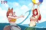  2girls animal_ears arms_up artist_name ball bangs beachball bikini blush breasts brown_eyes brown_hair cloud cloudy_sky collarbone commentary cowboy_shot d-rex day fox_ears fox_tail from_side green_eyes grey_bikini hands_up highres holding in_water large_breasts long_hair mermaid monster_girl multiple_girls navel nipples nude one_eye_closed open_mouth original outstretched_arm red_hair sky smile splashing stomach swimsuit tail yellow_bikini 