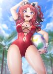 1girl :d absurdres akino_(princess_connect!) ball bare_legs beachball blue_sky bow breasts carmen_(user_fyvs3542) casual_one-piece_swimsuit cleavage cloud collarbone eyebrows_visible_through_hair eyewear_on_head from_below hair_bow hair_intakes highres holding holding_ball holding_eyewear jewelry large_breasts long_hair looking_at_viewer necklace one-piece_swimsuit princess_connect! purple_eyes red_hair red_swimsuit shiny shiny_hair shiny_skin sky smile solo summer sunglasses sunlight swimsuit white_bow wrist_cuffs 