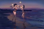  2girls beach bikini black_hair breasts cleavage fireworks gray_hair haneru original scenic short_hair sunset swimsuit twintails water watermark 