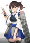  1girl black_legwear blue_hakama blush brown_eyes brown_gloves brown_hair closed_mouth cowboy_shot eyebrows_visible_through_hair flight_deck gloves hair_between_eyes hakama hakama_skirt japanese_clothes kaga_(kantai_collection) kantai_collection kasumi_(skchkko) long_hair muneate partly_fingerless_gloves remodel_(kantai_collection) side_ponytail solo tasuki thighhighs v yugake 