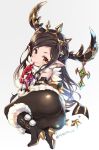  arulumaya ass black_hair blush boots brooch brown_eyes christmas commentary_request finger_to_mouth flower fur_collar fur_trim gloves granblue_fantasy harvin high_heel_boots high_heels horned_headwear jewelry long_hair lying mizuki_makoto mole mole_under_eye on_side pantyhose pointy_ears red_gloves rose smile thick_thighs thighs tiara 