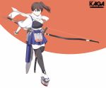  1girl black_legwear blue_hakama bow_(weapon) brown_eyes brown_gloves brown_hair character_name closed_mouth eyebrows_visible_through_hair full_body gloves hair_between_eyes hakama hakama_skirt holding holding_bow_(weapon) holding_weapon japanese_clothes kaga_(kantai_collection) kantai_collection light_smile long_hair muneate partly_fingerless_gloves remodel_(kantai_collection) revision sheath sheathed side_ponytail solo souji tabi tasuki thighhighs weapon white_legwear yugake yumi_(bow) 