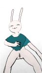  absurd_res anthro blue_eyes bottomless butt claws clothed clothing female genitals hi_res lagomorph leporid looking_down mammal pink_body poncho pussy rabbit simple_background smile solo underbutt white_background 