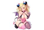  bikini blonde_hair boots breasts cleavage demon elbow_gloves garter gloves horns onsoku_inu original pointed_ears red_eyes succubus swimsuit tail thighhighs twintails white 