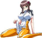  artist_request bodysuit breasts brown_hair bulge covered_nipples fujisawa_yayoi_(uchuu_no_stellvia) futanari glasses green_eyes hair_ornament large_breasts latex orange_bodysuit penis rimless_eyewear short_sleeves simple_background skin_tight solo uchuu_no_stellvia uniform white_background 