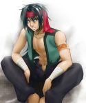  1boy armlet black_hair black_pants blue_eyes feet_out_of_frame guin_saga hair_between_eyes hamu_(riyahb) headband istvan jewelry looking_at_viewer male_focus navel necklace pants parted_lips red_headband simple_background sitting solo white_background 