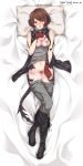  1girl absurdres au_ra boots brown_hair final_fantasy final_fantasy_xiv fingerless_gloves gloves highres horns kizuchi_r lying on_back on_bed pants pillow pubic_tattoo pussy red_eyes short_hair sleeveless tail tattoo 