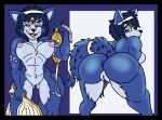  2018 accessory anthro anus big_butt black_border blue_background blue_body blue_fur blue_hair border bra breasts butt canid canine clothing digital_drawing_(artwork) digital_media_(artwork) female fox fur genitals green_eyes hair headband hi_res jewelry krystal krystal_appreciation_month loincloth looking_at_viewer mammal multicolored_body multicolored_fur nintendo nude otaconxix presenting presenting_hindquarters presenting_pussy pussy simple_background smile solo star_fox tailband underwear video_games white_background white_body white_fur 